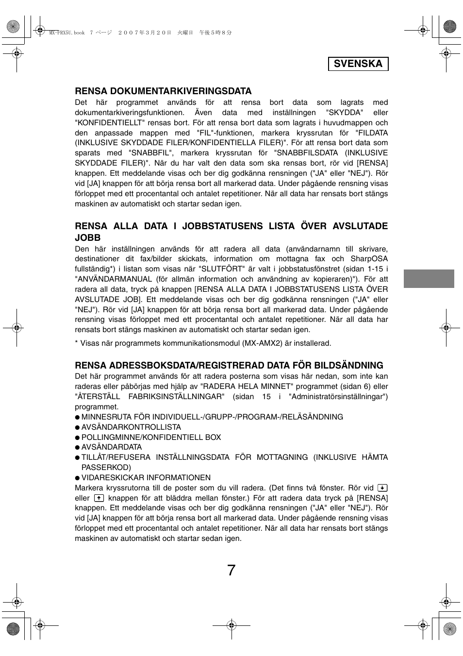 Svenska, Rensa dokumentarkiveringsdata | Sharp Funkcja identyfikacji użytkownika User Manual | Page 81 / 184
