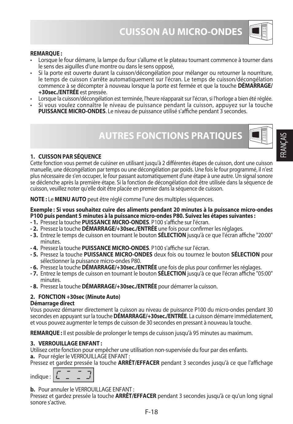 Cuisson au micro-ondes, Autres fonctions pratiques, Français | Sharp R-222STWE Four à micro-ondes solo User Manual | Page 69 / 246