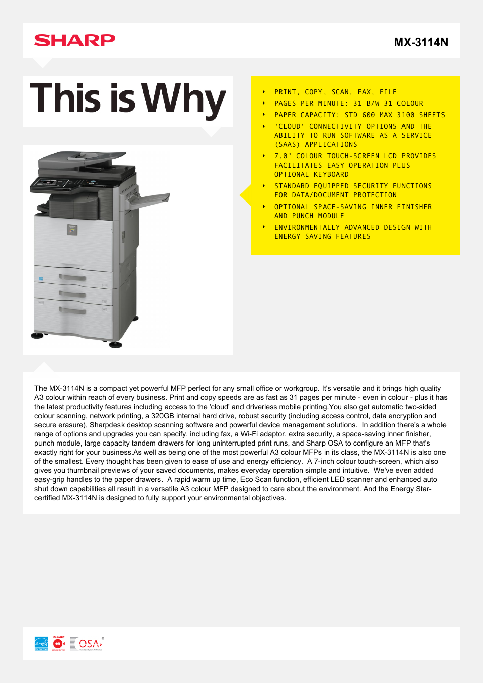 Sharp MX-3114N User Manual | 2 pages