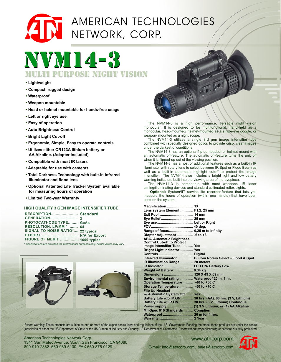 ATN Multi Purpose Night Vision NVM14-3 User Manual | 1 page