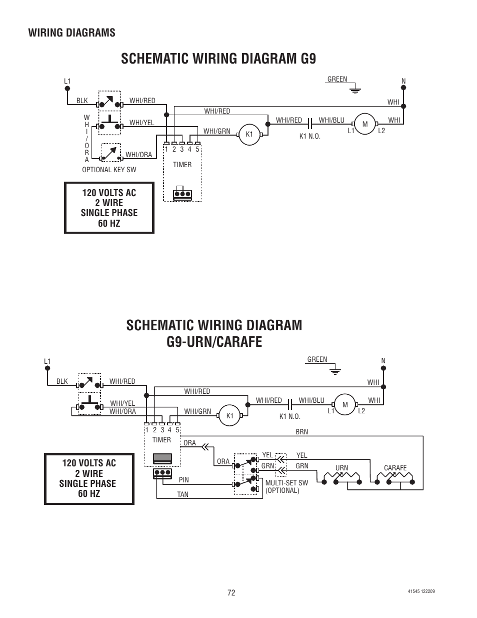 Schematic wiring diagram g9, Schematic wiring diagram g9-urn/carafe, Wiring diagrams | Bunn G9-2T DBC User Manual | Page 72 / 79