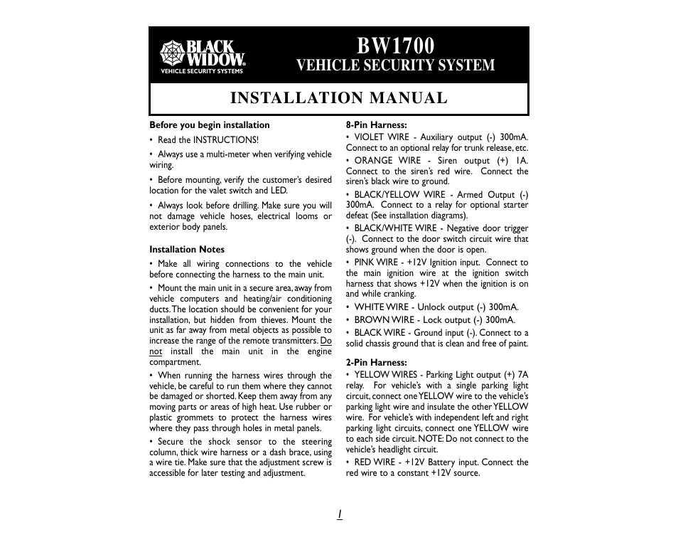 Black Widow Security BW1700 User Manual | 4 pages