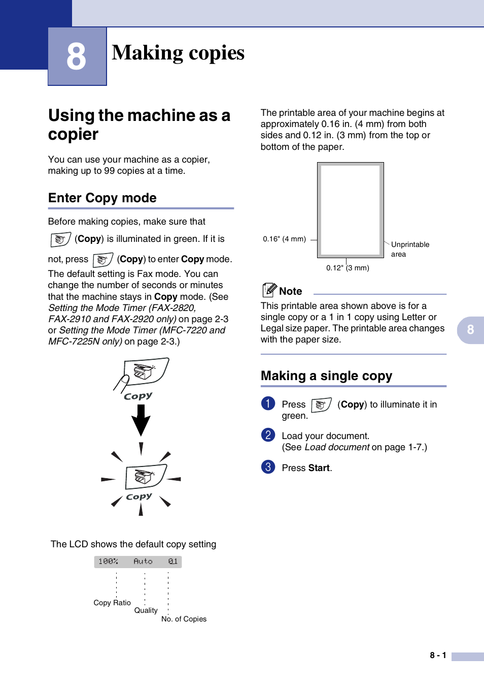 8 making copies, Using the machine as a copier, Enter copy mode | Making a single copy, Making copies, Using the machine as a copier -1, Enter copy mode -1 making a single copy -1 | Brother IntelliFax-2820 User Manual | Page 76 / 159