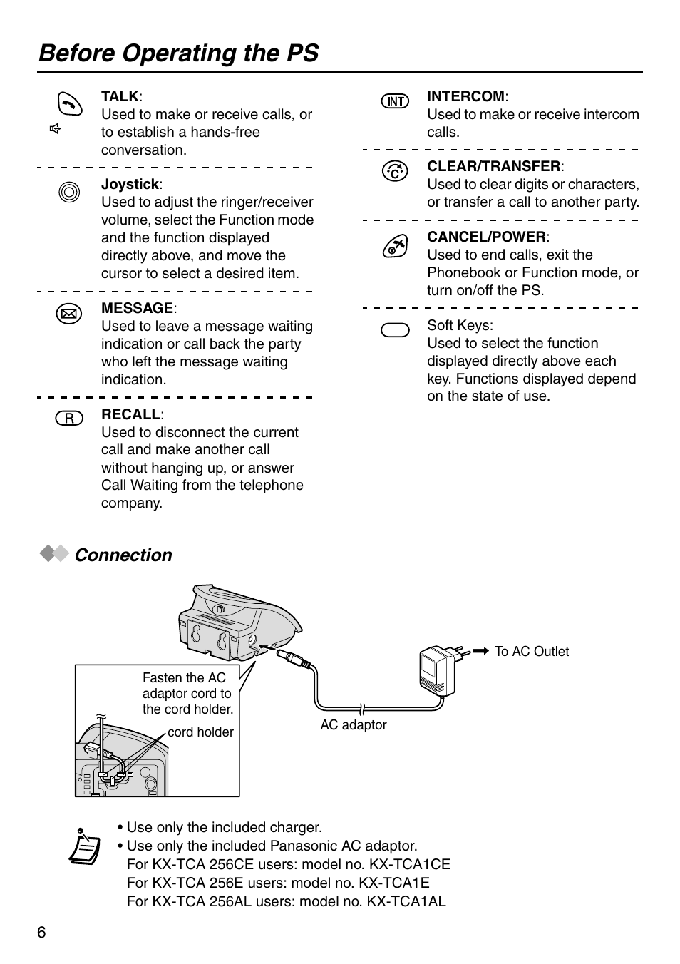 Connection, Before operating the ps | Panasonic KX-TCA256 User Manual | Page 6 / 56