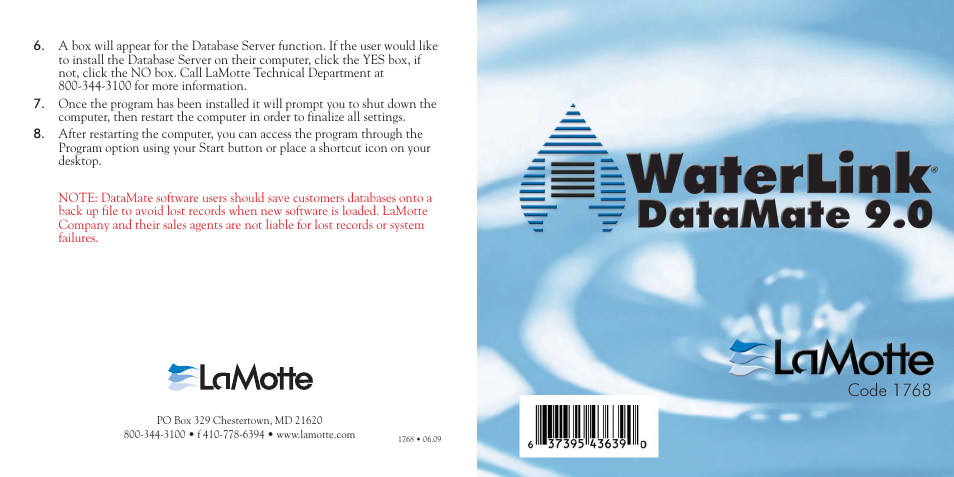 LaMotte DataMate 9.0 Software User Manual | 2 pages