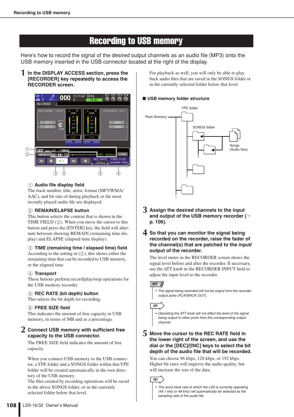 Recording to usb memory | Yamaha LS9 User Manual | Page 108 / 290