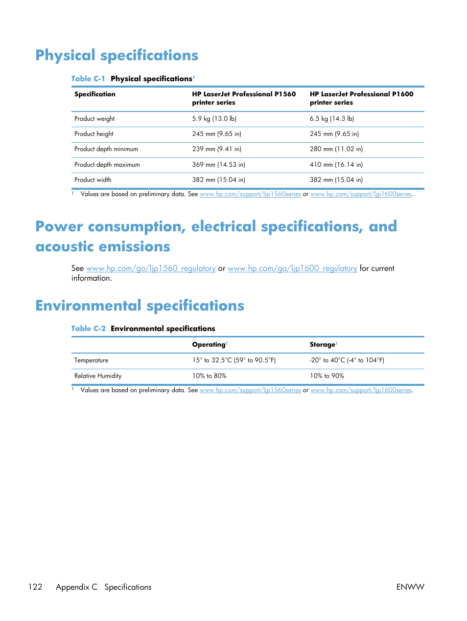 Physical specifications, Environmental specifications | HP Laserjet p1606dn User Manual | Page 134 / 152