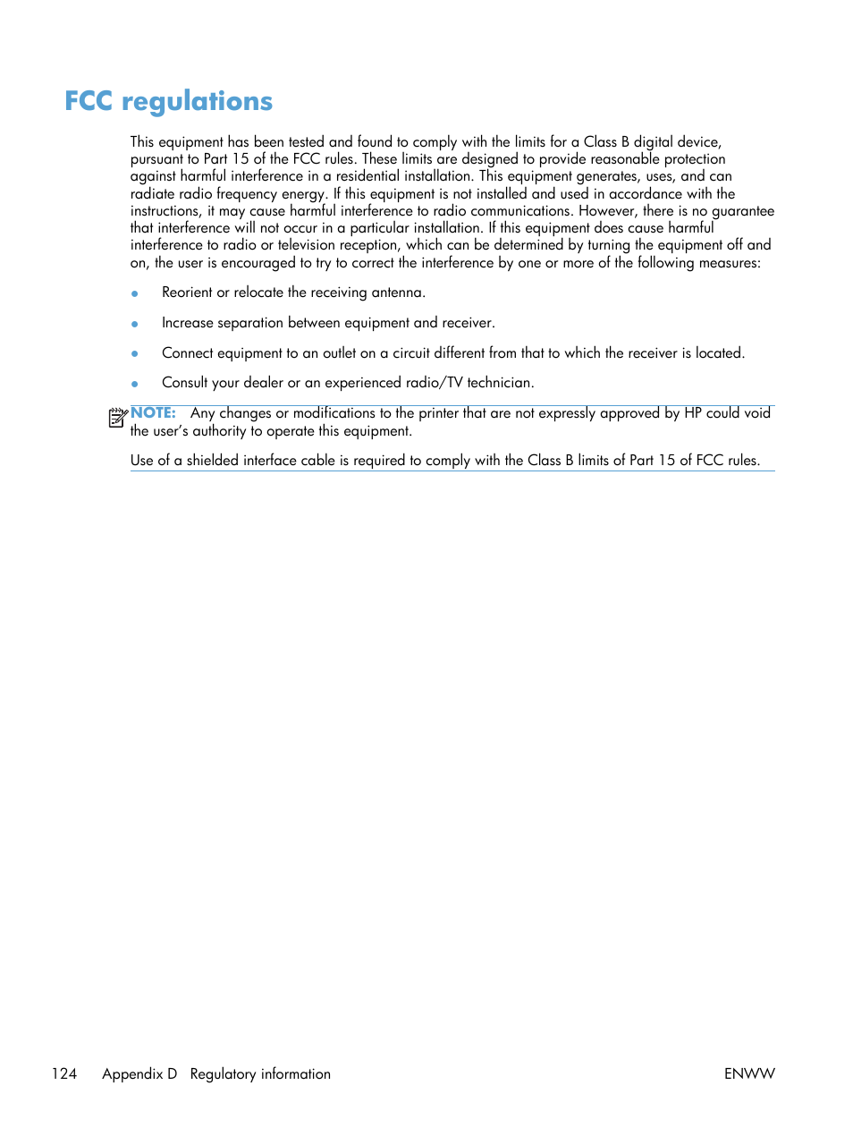 Fcc regulations | HP Laserjet p1606dn User Manual | Page 136 / 152