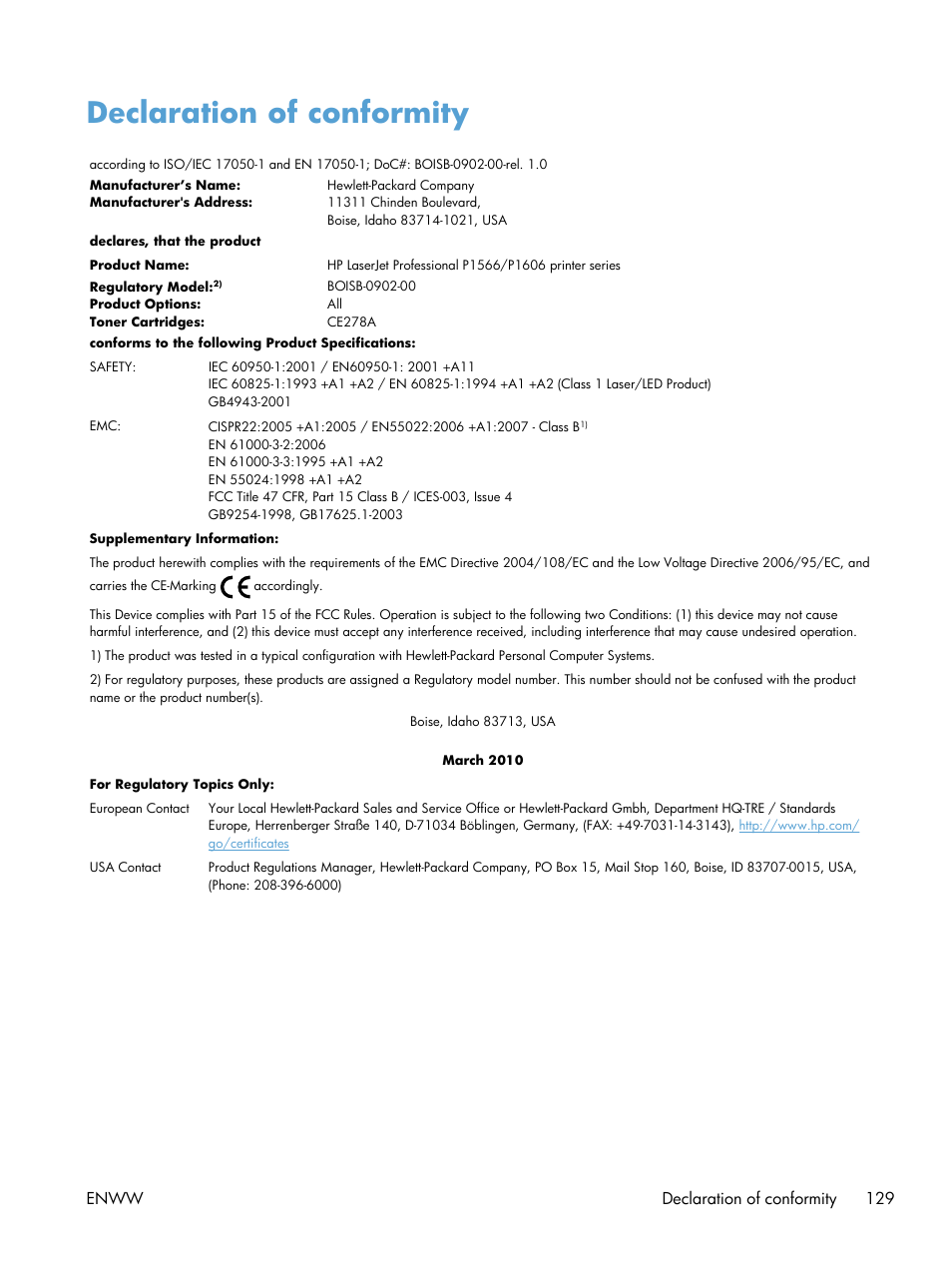 Declaration of conformity | HP Laserjet p1606dn User Manual | Page 141 / 152