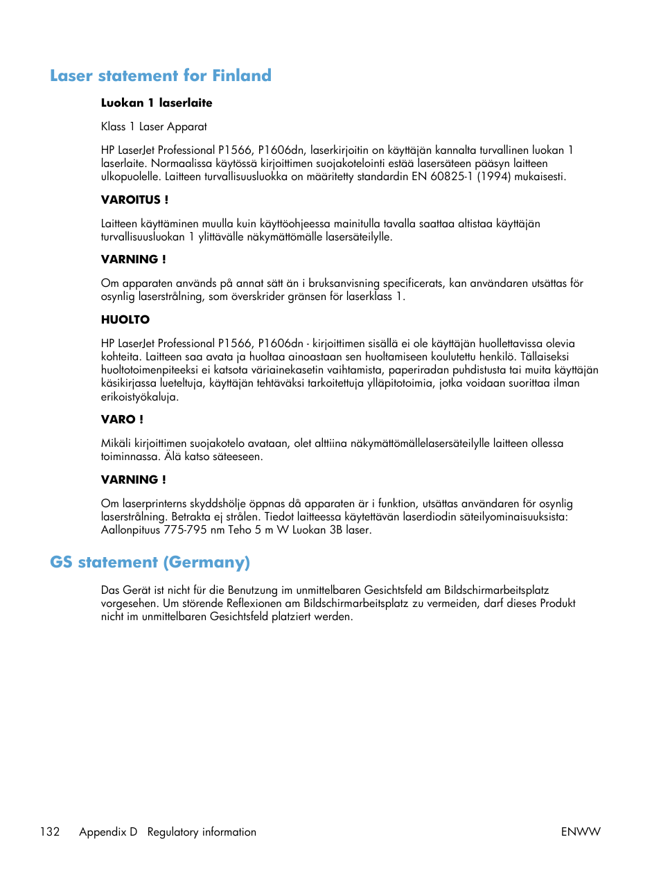 Laser statement for finland, Gs statement (germany), Laser statement for finland gs statement (germany) | HP Laserjet p1606dn User Manual | Page 144 / 152