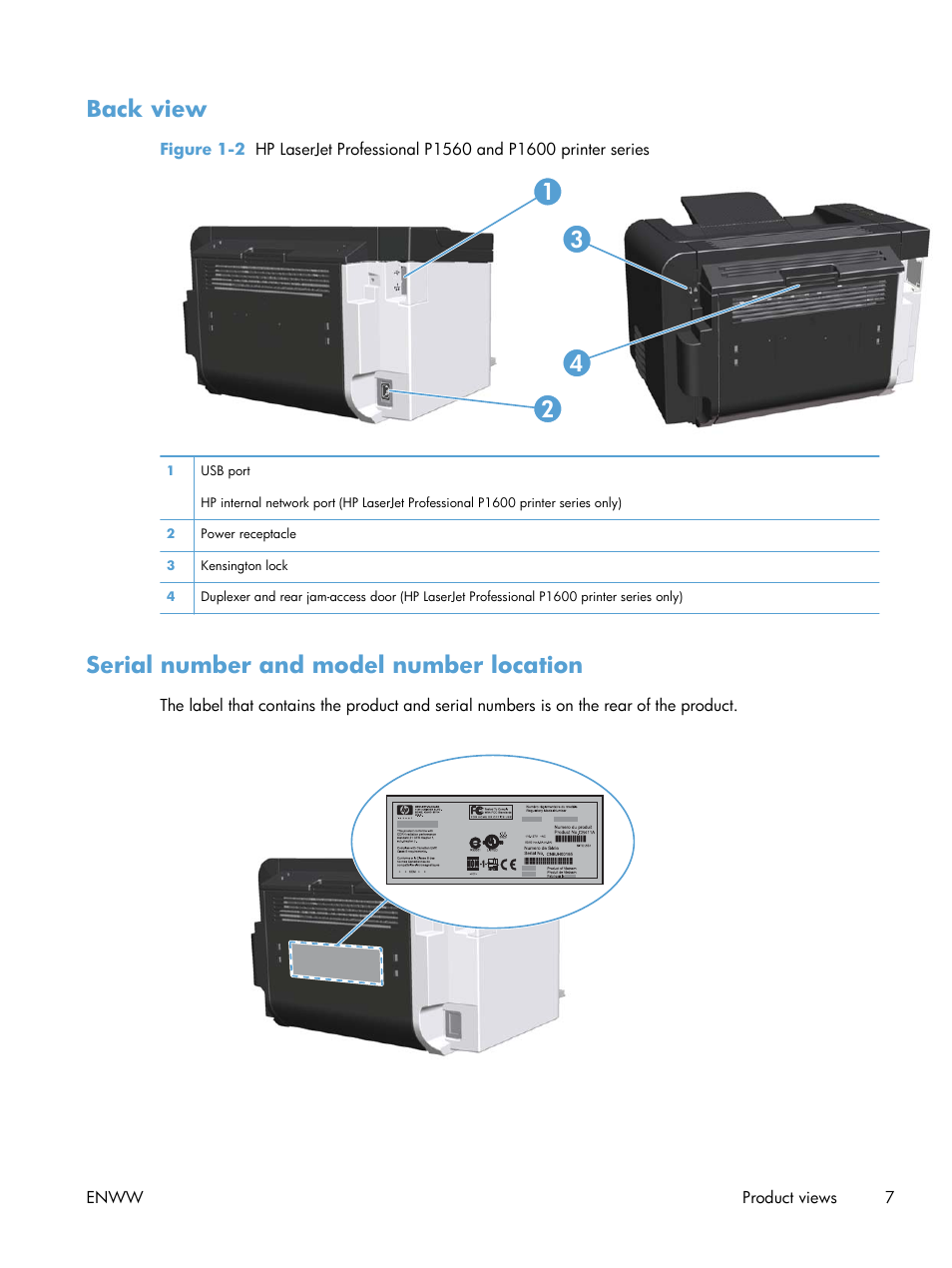 Back view, Serial number and model number location, Back view serial number and model number location | HP Laserjet p1606dn User Manual | Page 19 / 152