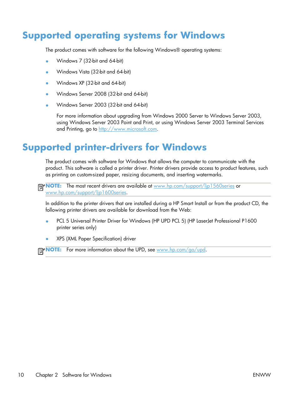 Supported operating systems for windows, Supported printer-drivers for windows | HP Laserjet p1606dn User Manual | Page 22 / 152