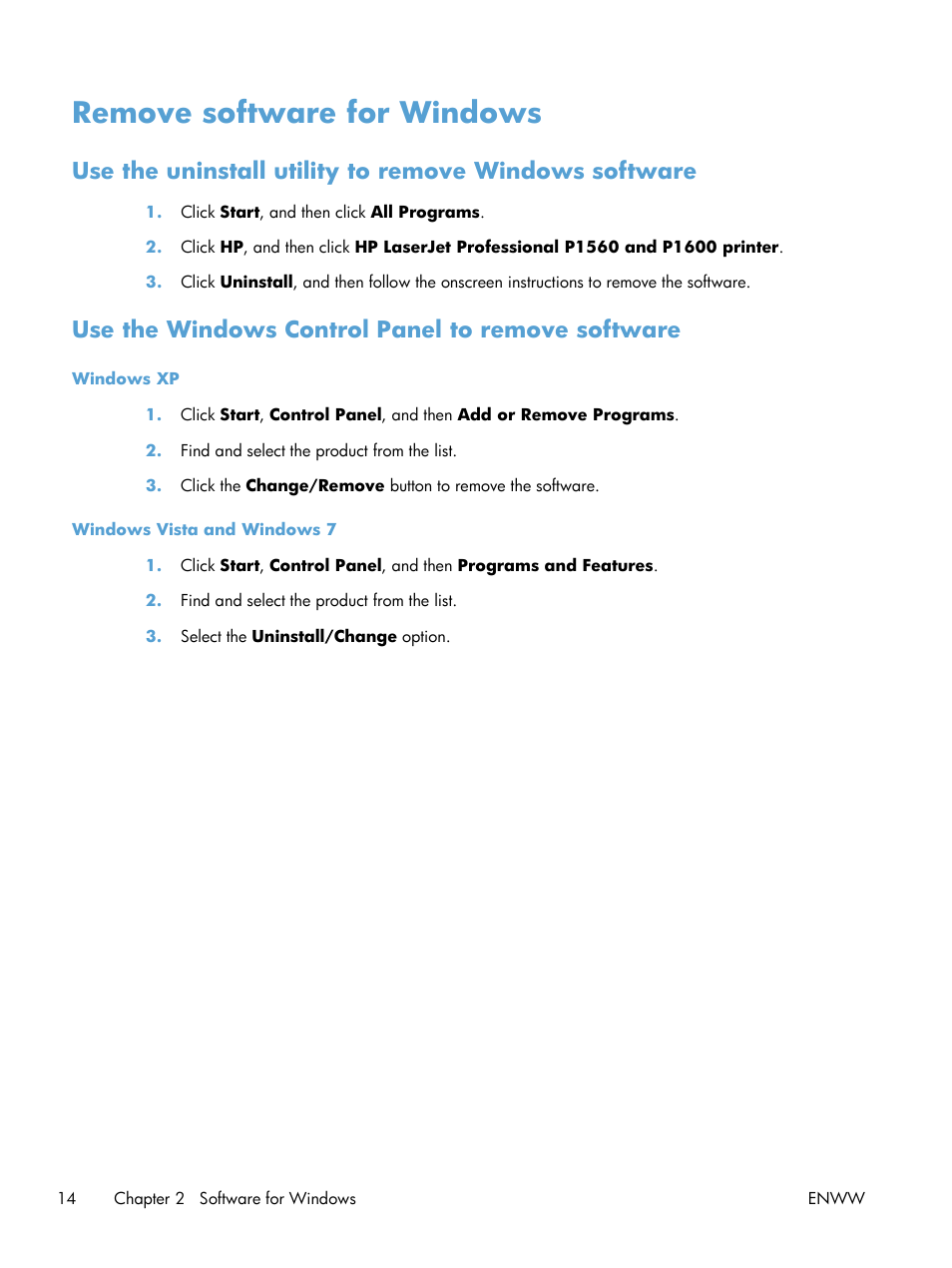 Remove software for windows, Use the windows control panel to remove software | HP Laserjet p1606dn User Manual | Page 26 / 152
