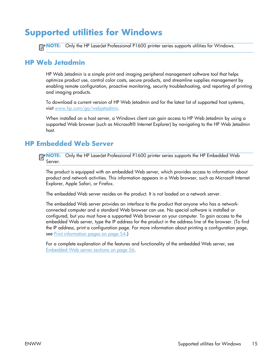 Supported utilities for windows, Hp web jetadmin, Hp embedded web server | Hp web jetadmin hp embedded web server | HP Laserjet p1606dn User Manual | Page 27 / 152