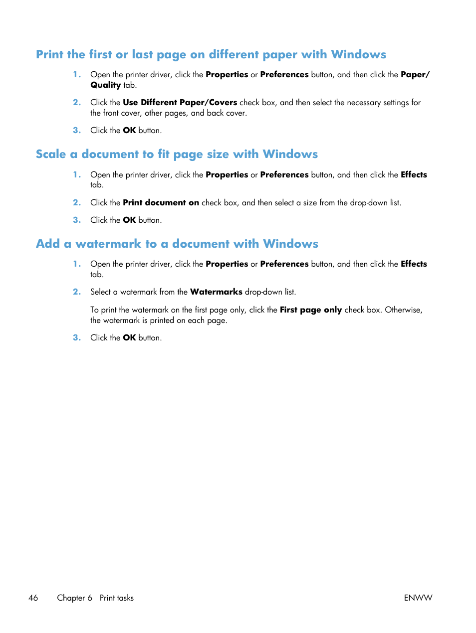 Add a watermark to a document with windows, Scale a document to fit page size with windows | HP Laserjet p1606dn User Manual | Page 58 / 152