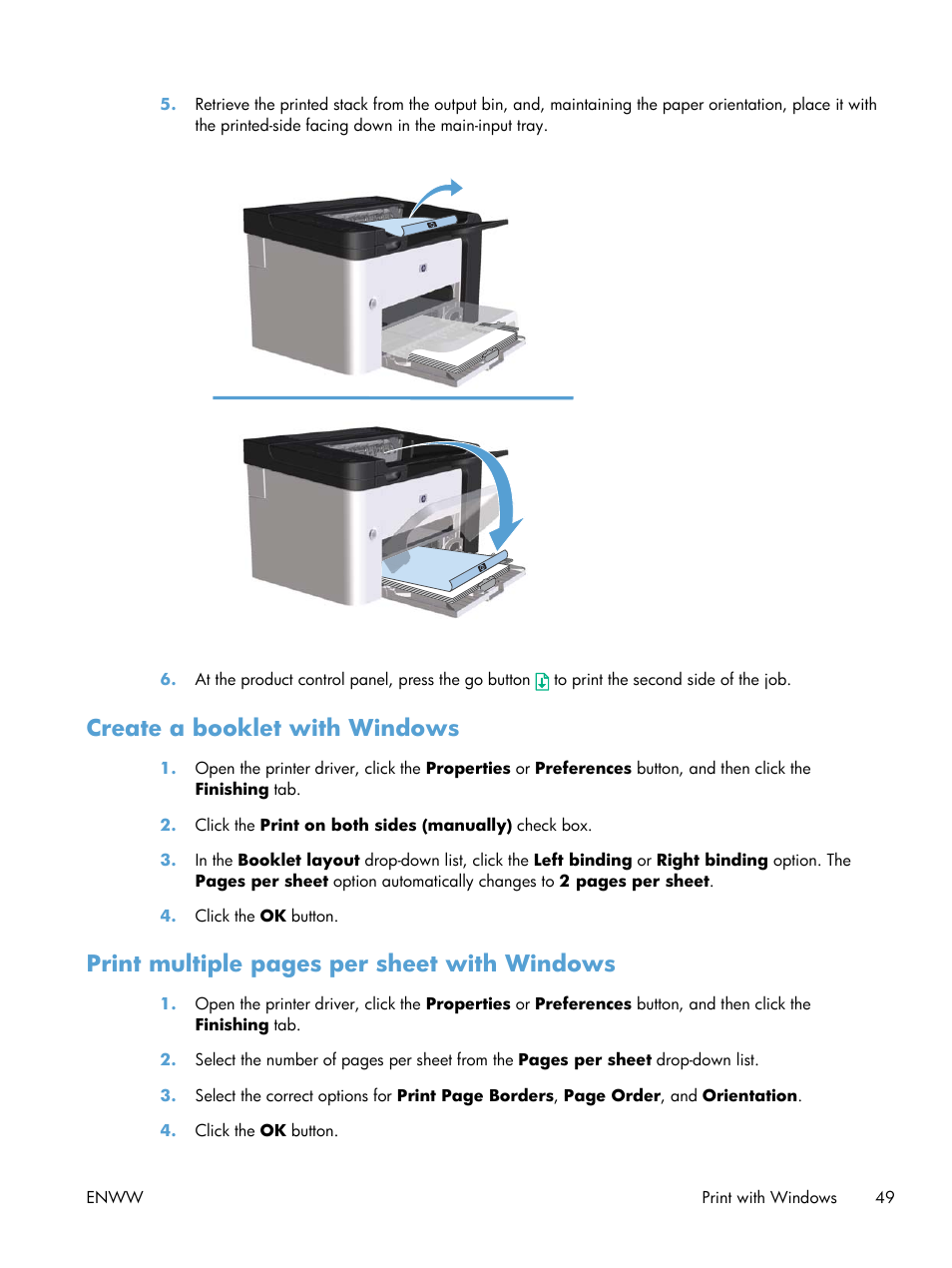 Create a booklet with windows, Print multiple pages per sheet with windows | HP Laserjet p1606dn User Manual | Page 61 / 152