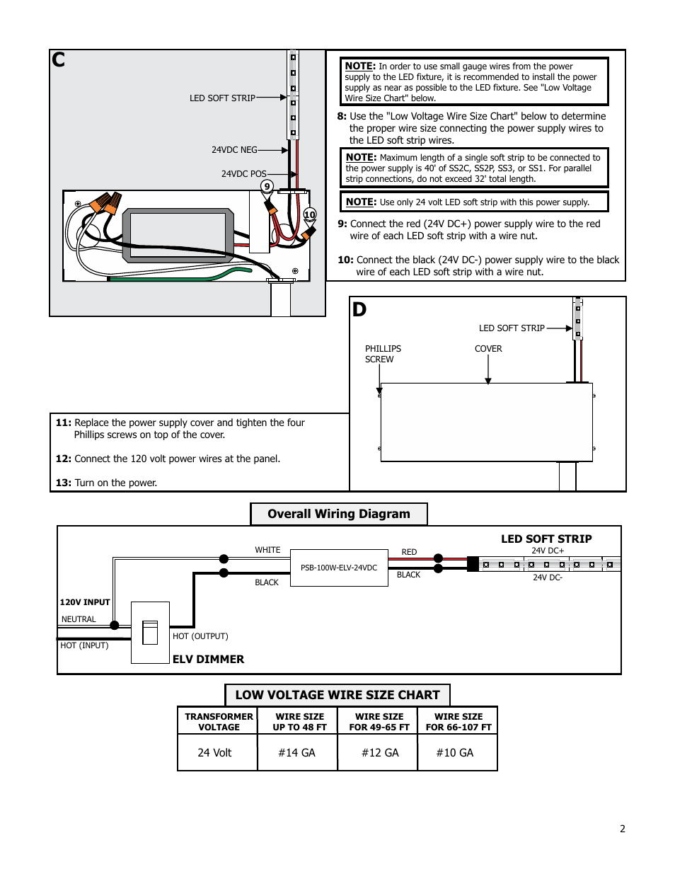 Overall wiring diagram, Low voltage wire size chart | Edge Lighting PSB-100W-ELV-24VDC, 96 Watt 24 Volt DC Power Supply User Manual | Page 2 / 2