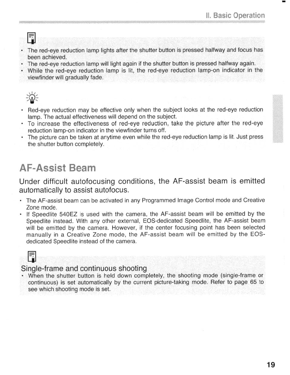 Af-assist beam, Automatically to assist autofocus, Single-frame and continuous shooting | Canon eos rebel g User Manual | Page 19 / 68
