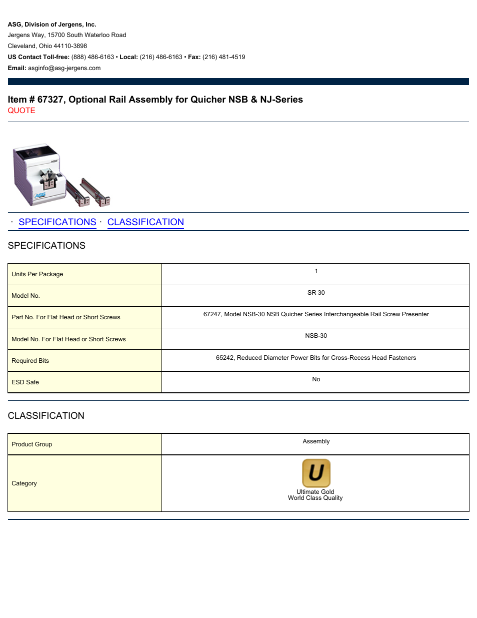 ASG Jergens 67327 Optional Rail Assembly for Quicher NSB & NJ-Series User Manual | 1 page