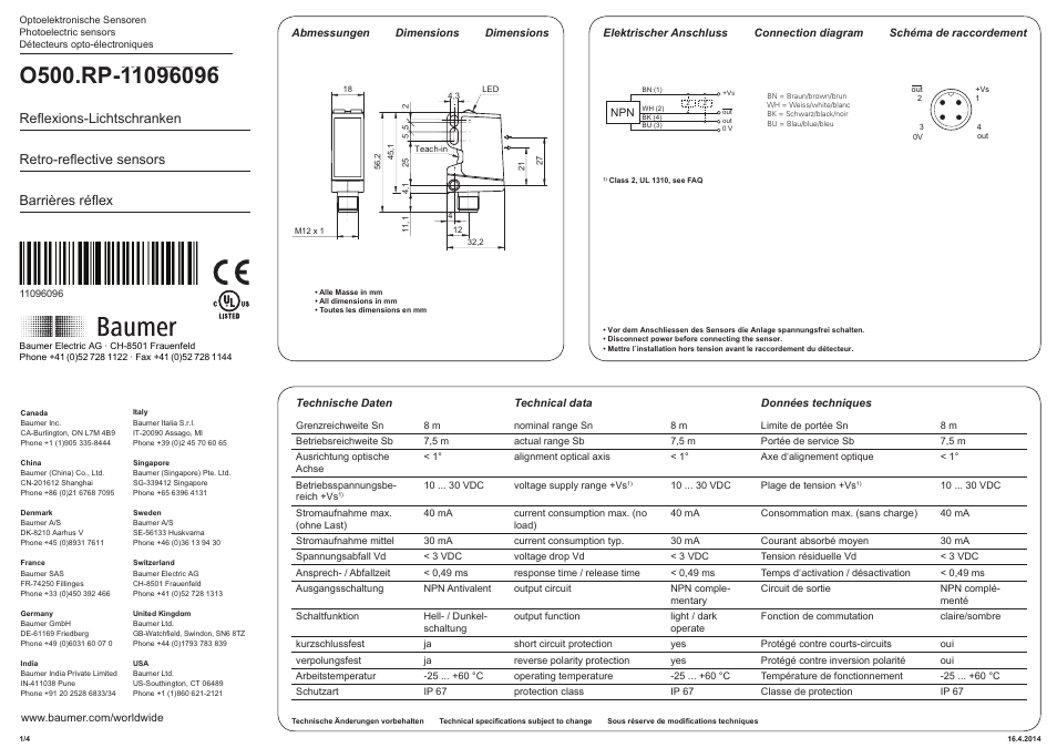 Baumer O500.RP-NV1T.72O User Manual | 4 pages