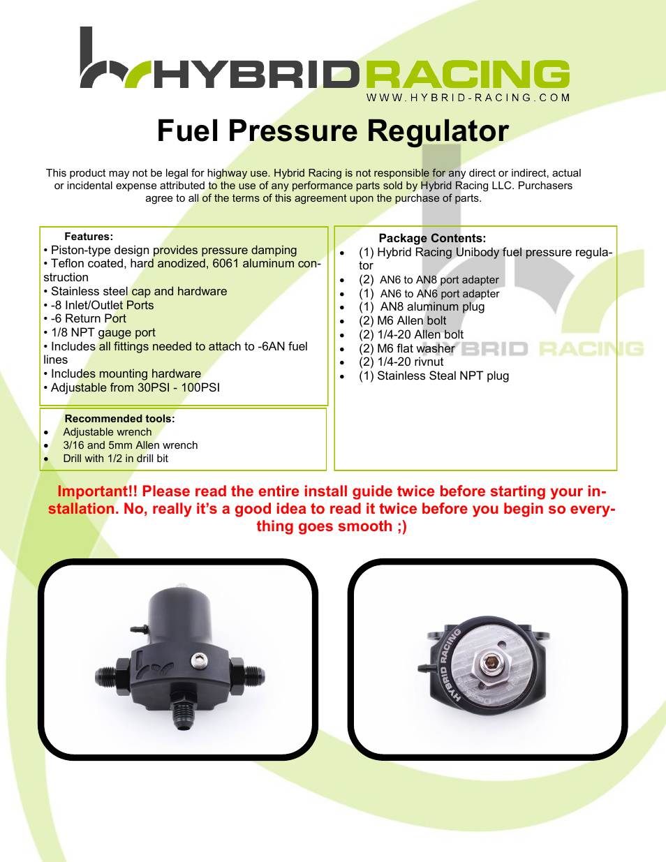 Hybrid Racing HR Unibody Fuel Pressure Regulator User Manual | 7 pages