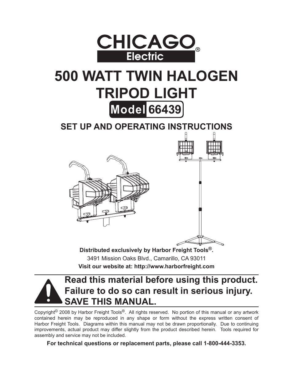Chicago Electric 500 watt twin halogen tripod light 66439 User Manual | 12 pages