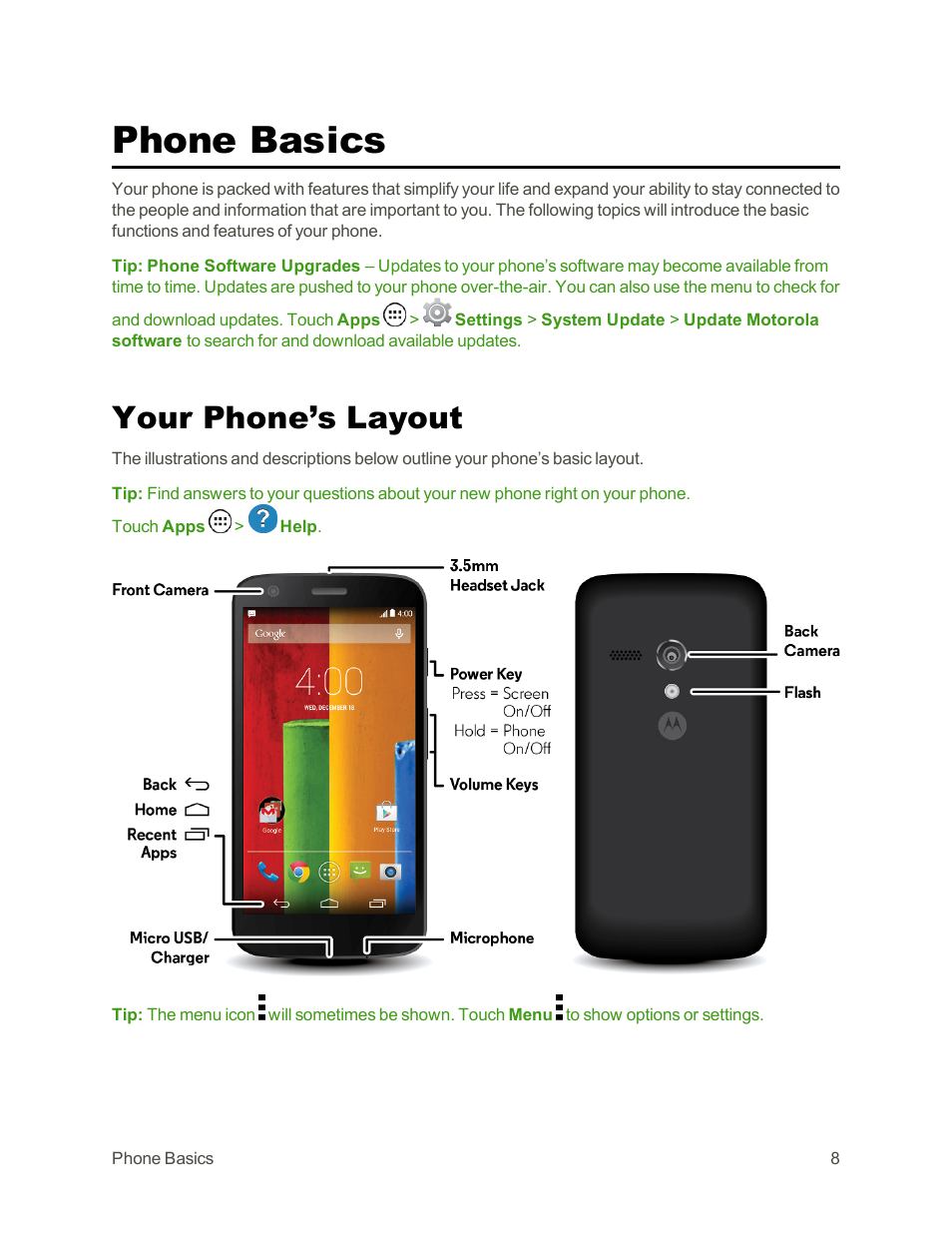 Phone basics, Your phone’s layout | Motorola moto G User Manual | Page 15 / 134