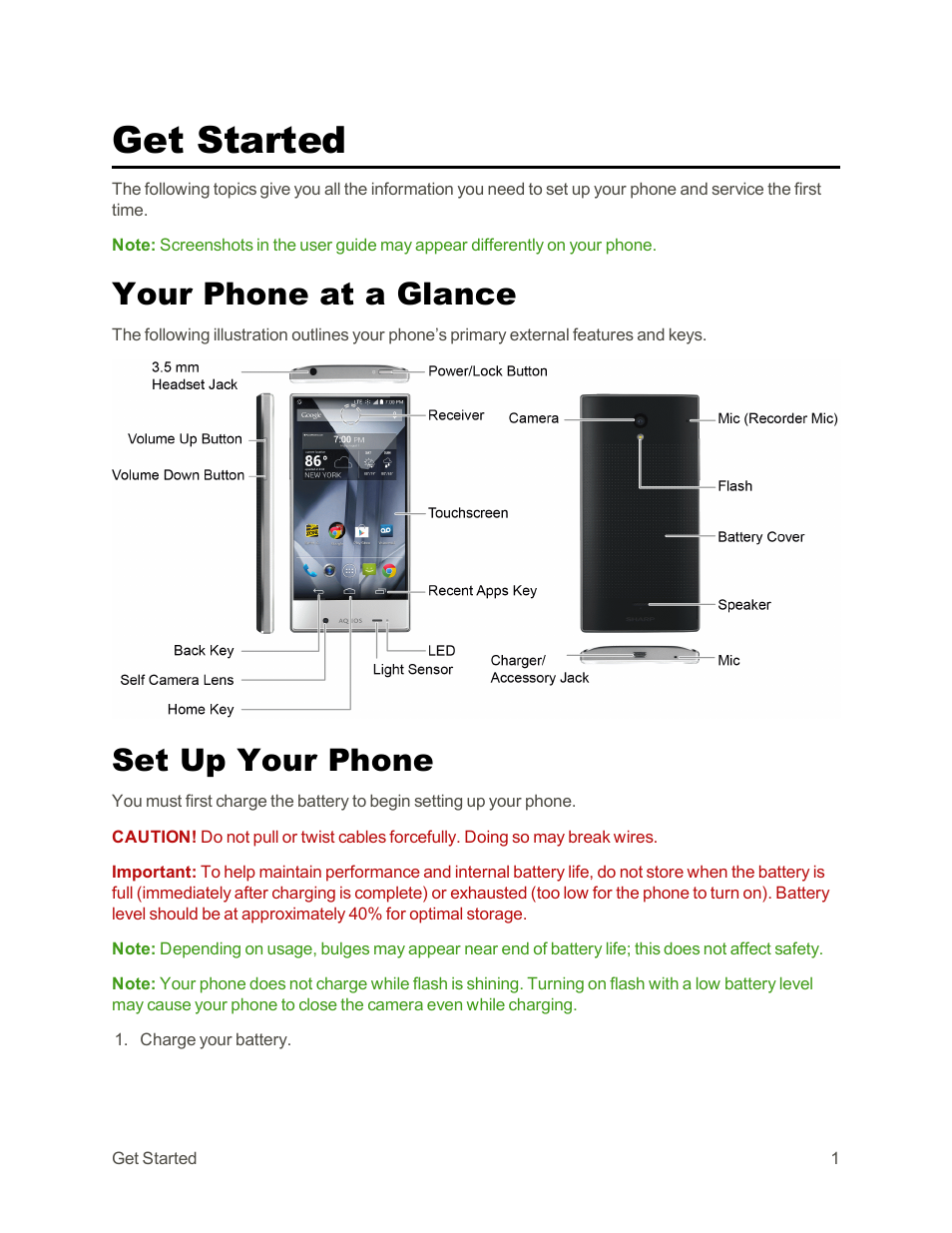 Get started, Your phone at a glance, Set up your phone | Sharp AQUOS Crystal User Manual | Page 11 / 171