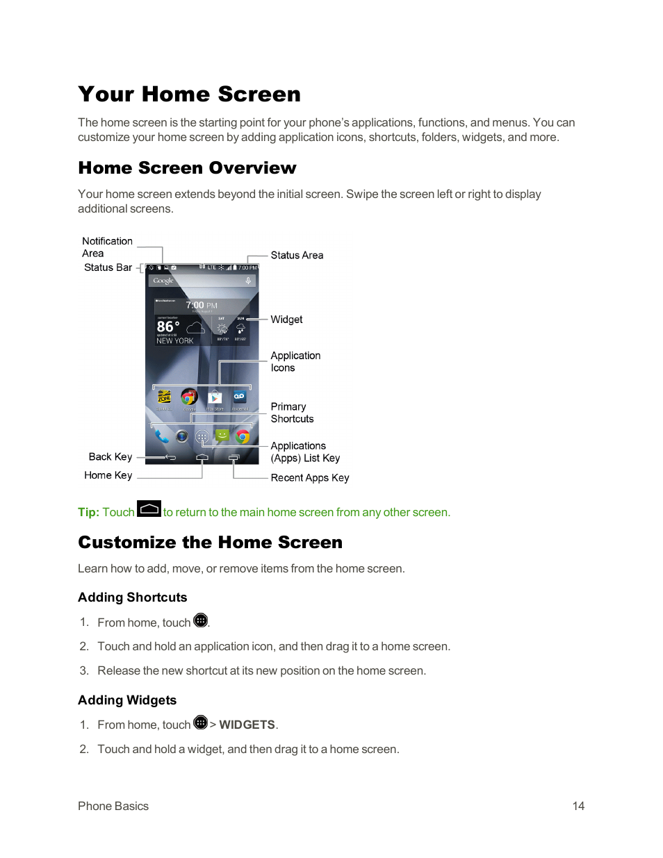 Your home screen, Home screen overview, Customize the home screen | Sharp AQUOS Crystal User Manual | Page 24 / 171