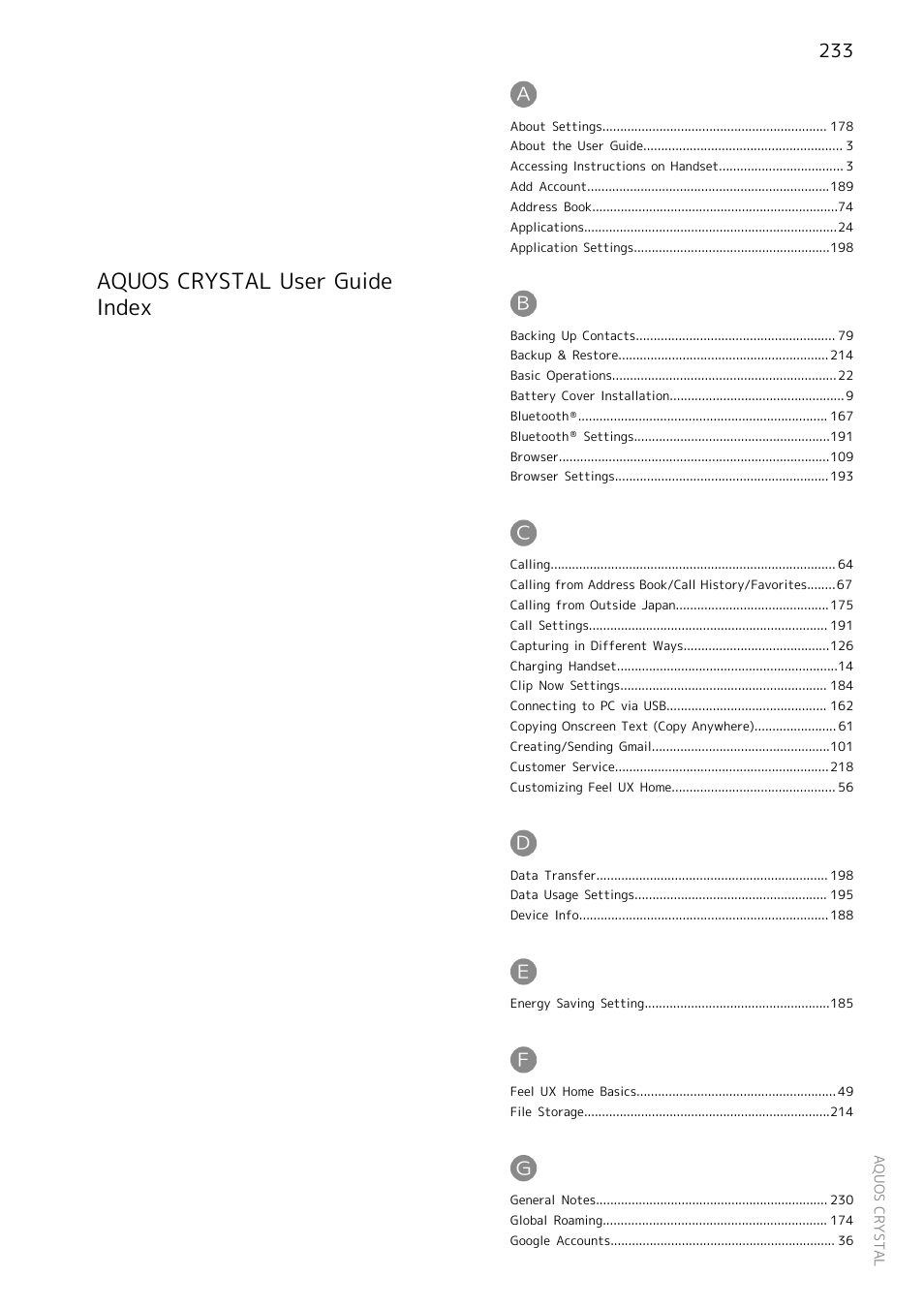 Index, Aquos crystal user guide index | Sharp AQUOS Crystal User Manual | Page 235 / 240