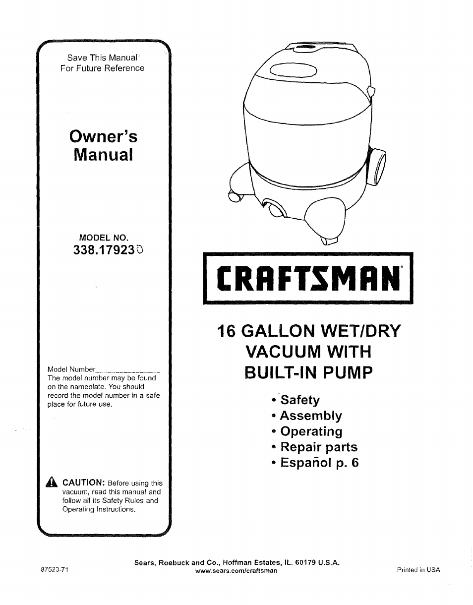 Craftsman 338.17923 User Manual | 7 pages
