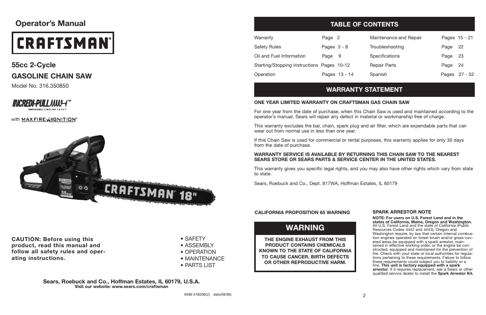 Craftsman 316.350850 User Manual | 54 pages