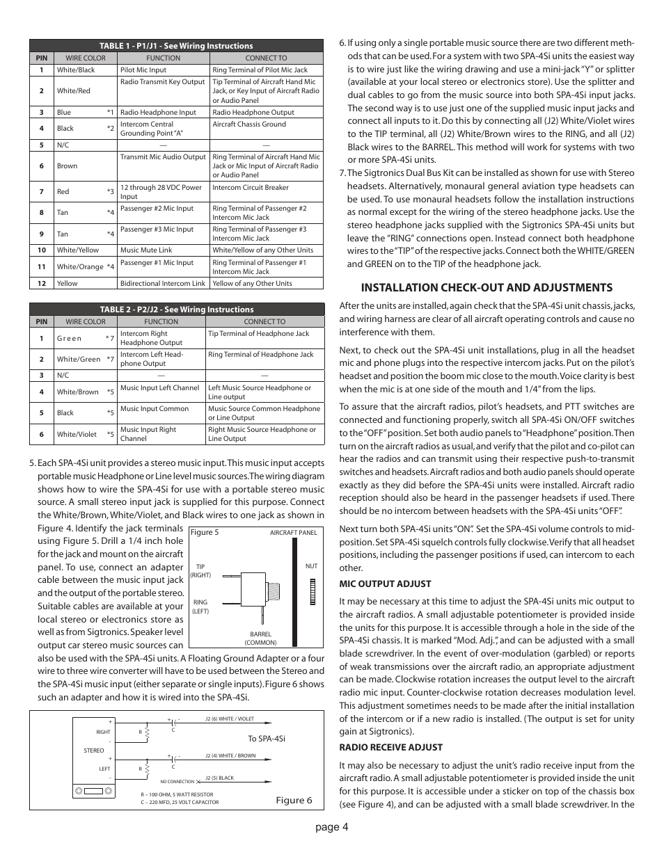 Installation check-out and adjustments, Page 4 | Sigtronics SPA-4Si User Manual | Page 4 / 6