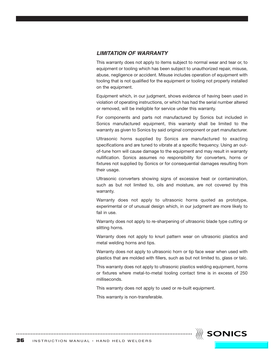 Limitation of warranty | Sonics H540 E User Manual | Page 37 / 39