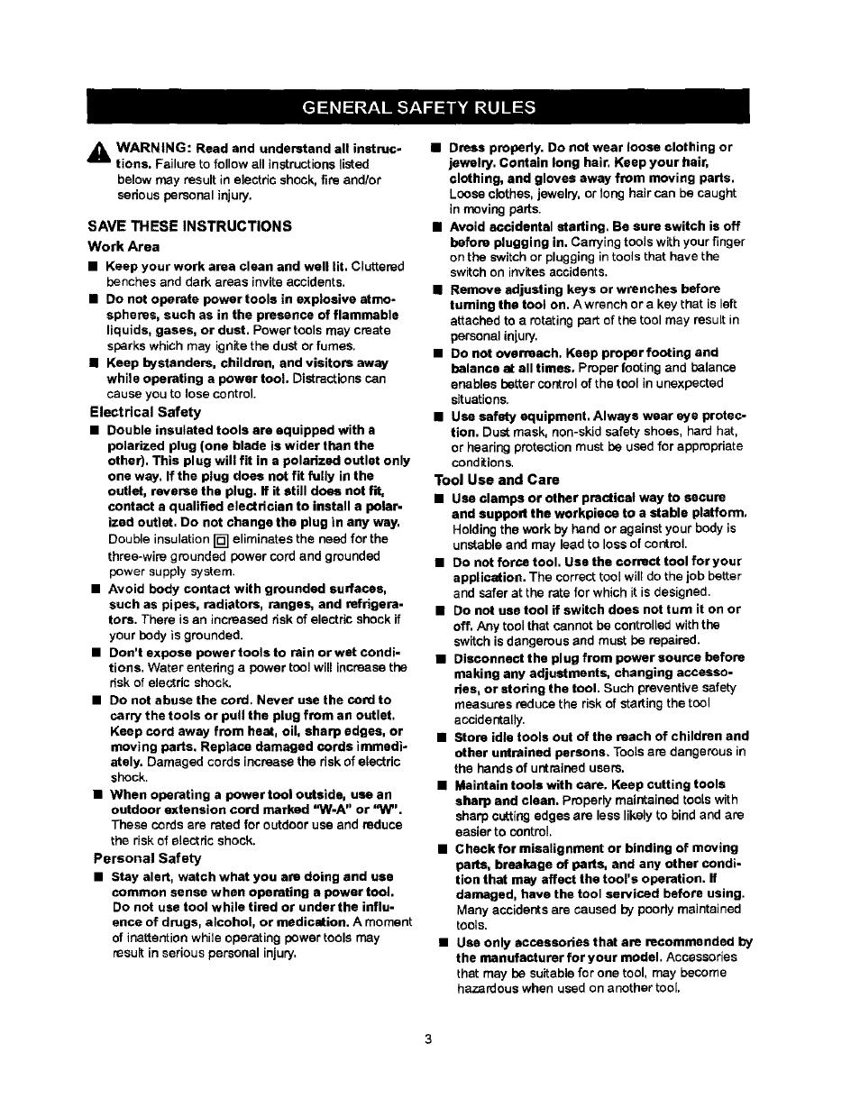 General safety rules, Tool use and care | Craftsman 315.115032 User Manual | Page 3 / 14