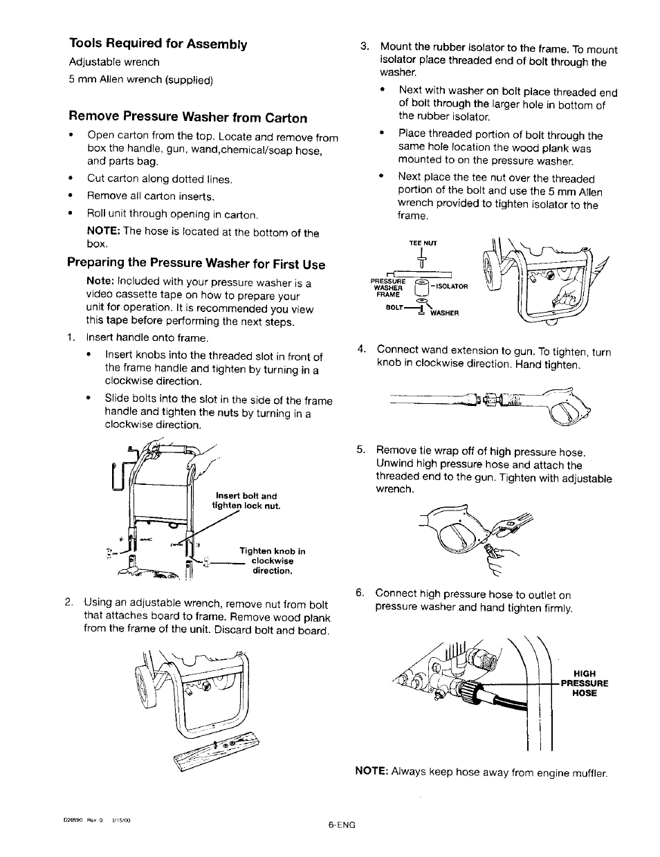 Tools required for assembly, Remove pressure washer from carton, Preparing the pressure washer for first use | Craftsman 919.670280 User Manual | Page 6 / 28