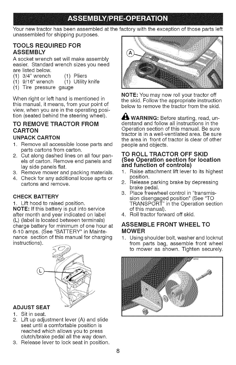 Tools required for assembly, To remove tractor from, Carton | Unpack carton, Check battery, Assemble front wheel to mower, Assembly/pre-operation | Craftsman YS 4500 917.28990 User Manual | Page 8 / 68