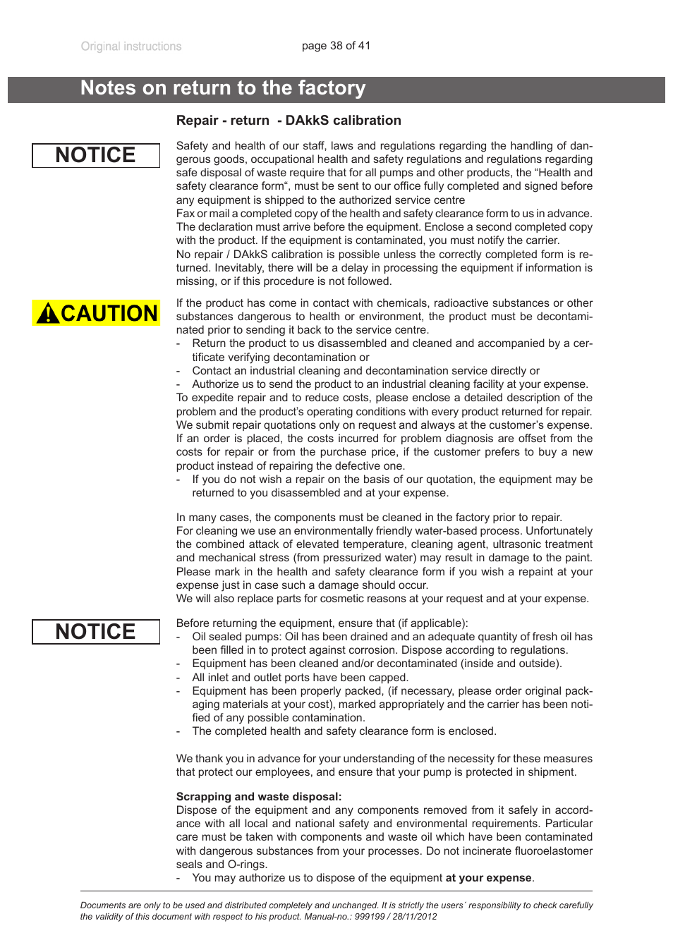 Notes on return to the factory, Notice | VACUUBRAND VNC 2 E User Manual | Page 38 / 41