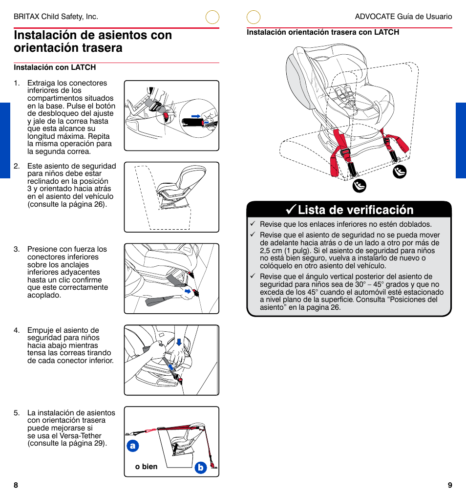 Instalación de asientos con orientación trasera | Britax ADVOCATE User Manual | Page 31 / 52