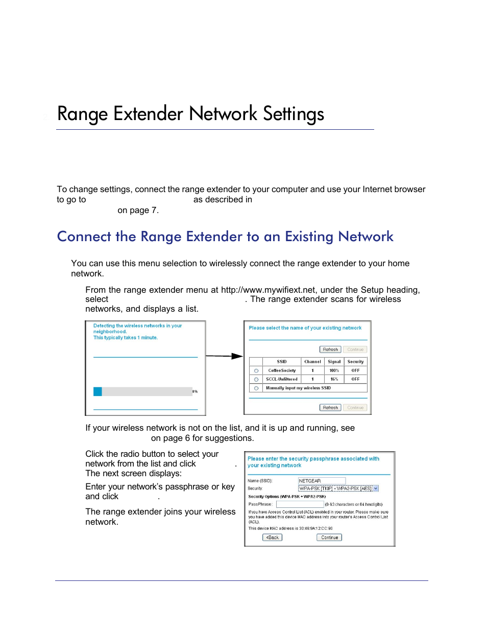Range extender network settings, Connect the range extender to an existing network, Chapter 2 | Chapter 2, range extender network, Settings | NETGEAR Universal WiFi Range Extender WN2000RPT User Manual | Page 11 / 31