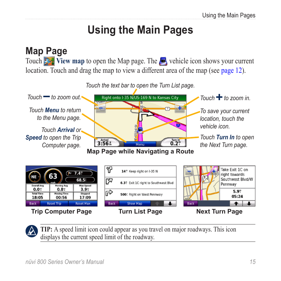 Using the main pages, Map page | Garmin nuvi 800 User Manual | Page 21 / 76