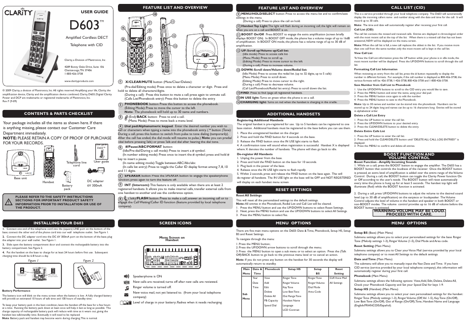Clarity AMPLIFIED CORDLESS DECT D603 User Manual | 2 pages