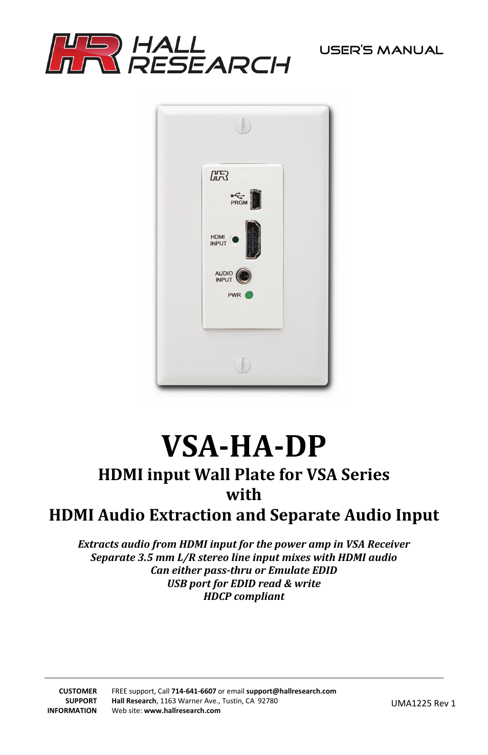 Hall Research VSA-HA-DP User Manual | 8 pages