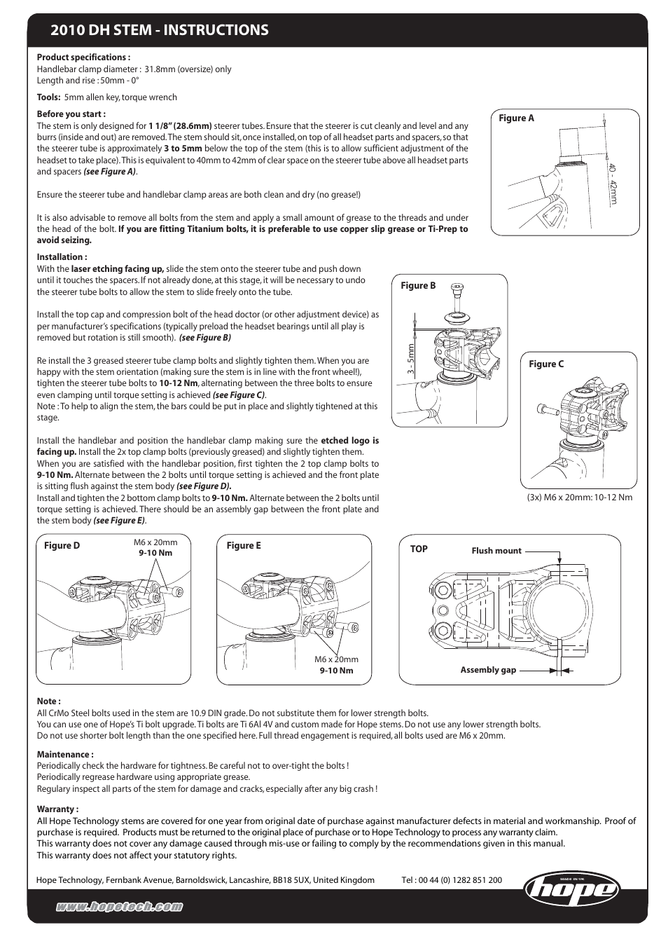 Hope Tech DH Stem User Manual | 1 page