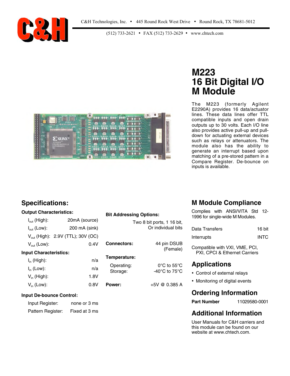 C&H Technologies 16 Bit Digital I/O M Module M223 User Manual | 1 page