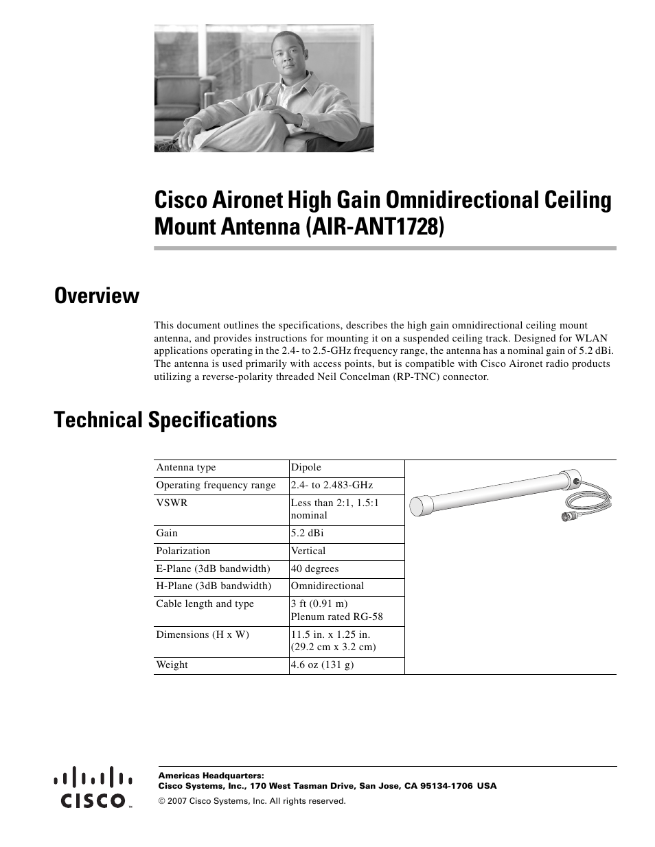 Cisco Aironet High Gain Omnidirectional Ceiling Mount Antenna AIR-ANT1728 User Manual | 4 pages