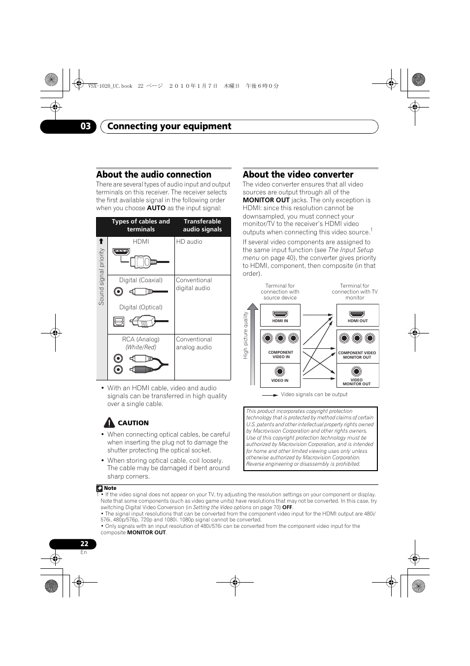 About the audio connection, Sound signal priority l, Hdmi | Hd audio, Digital (coaxial), Conventional digital audio, Digital (optical), Rca (analog), White/red), Conventional analog audio | Pioneer VSX-1020 User Manual | Page 22 / 260