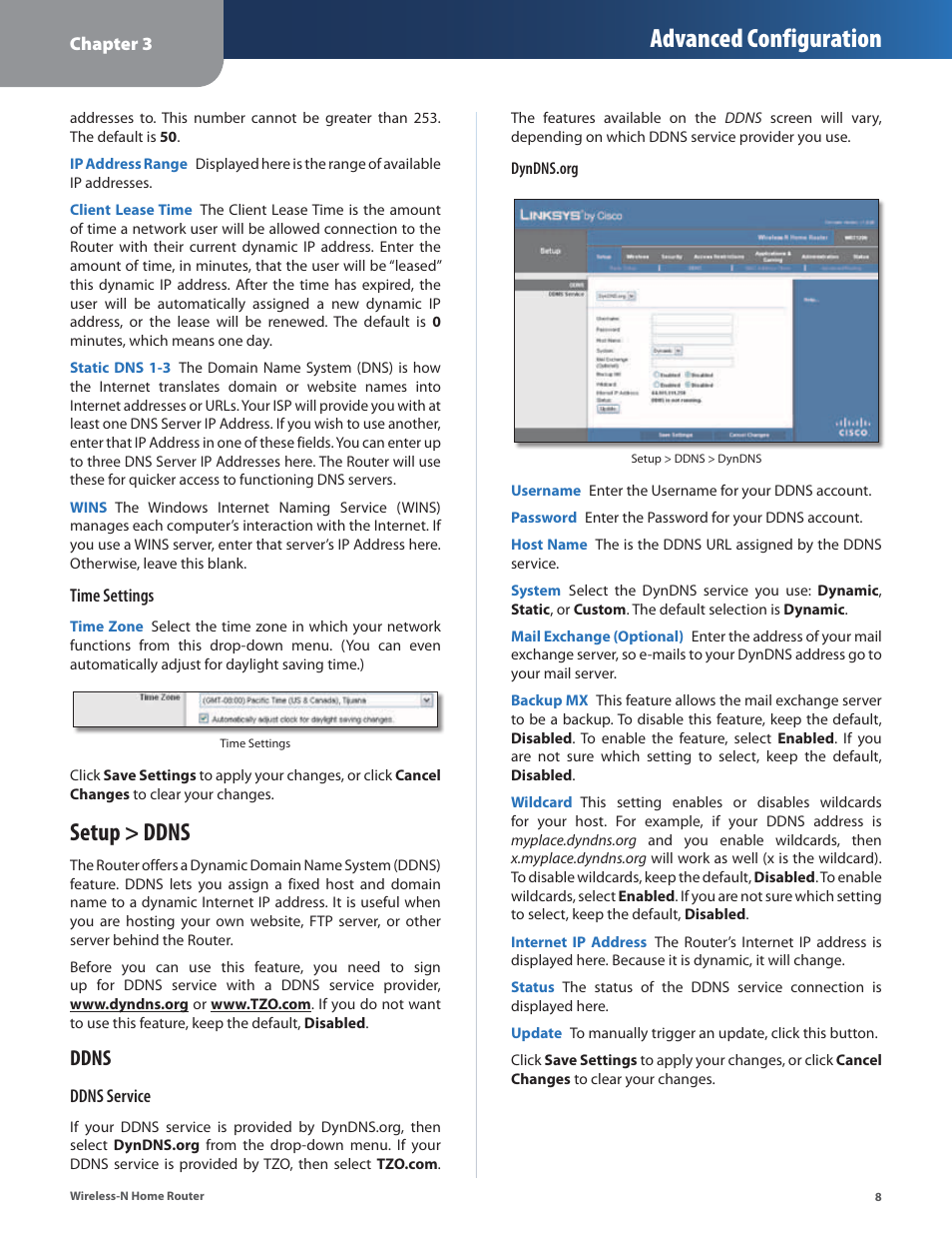Setup > ddns, Advanced configuration, Ddns | Linksys WRT120N User Manual | Page 12 / 55