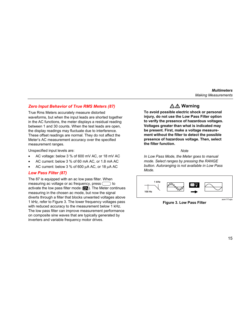 Zero input behavior of true rms meters (87), Low pass filter (87) | Fluke 87 V User Manual | Page 23 / 60