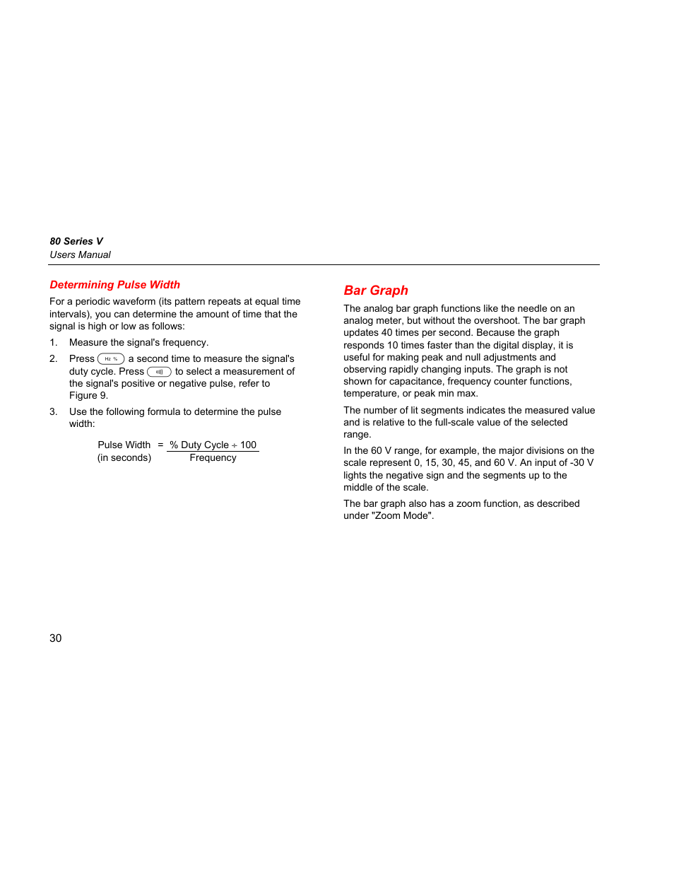 Determining pulse width, Bar graph | Fluke 87 V User Manual | Page 38 / 60
